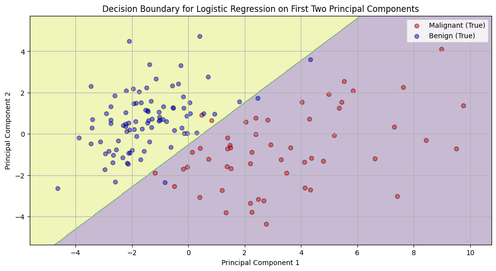 Figure 4 (Decision Boundary for Logistic Regression on First Two Principal Components)